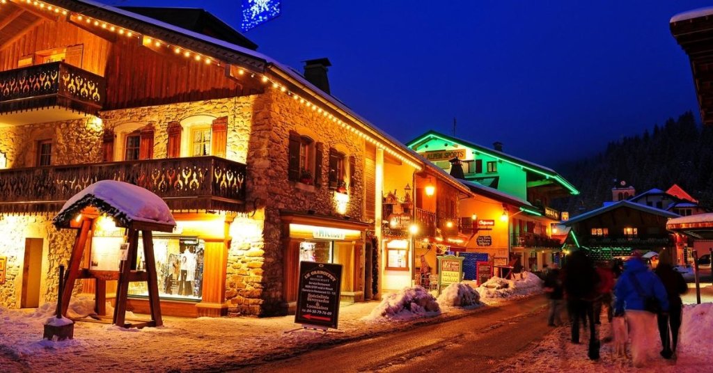 Les Gets in winter village at night